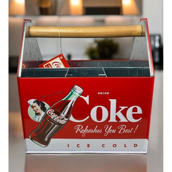 Coca Cola Coke Tin Napkin Utensil Condiment Holder Caddy NEW w/Tags 7.5” Tall - Picture 1 of 16